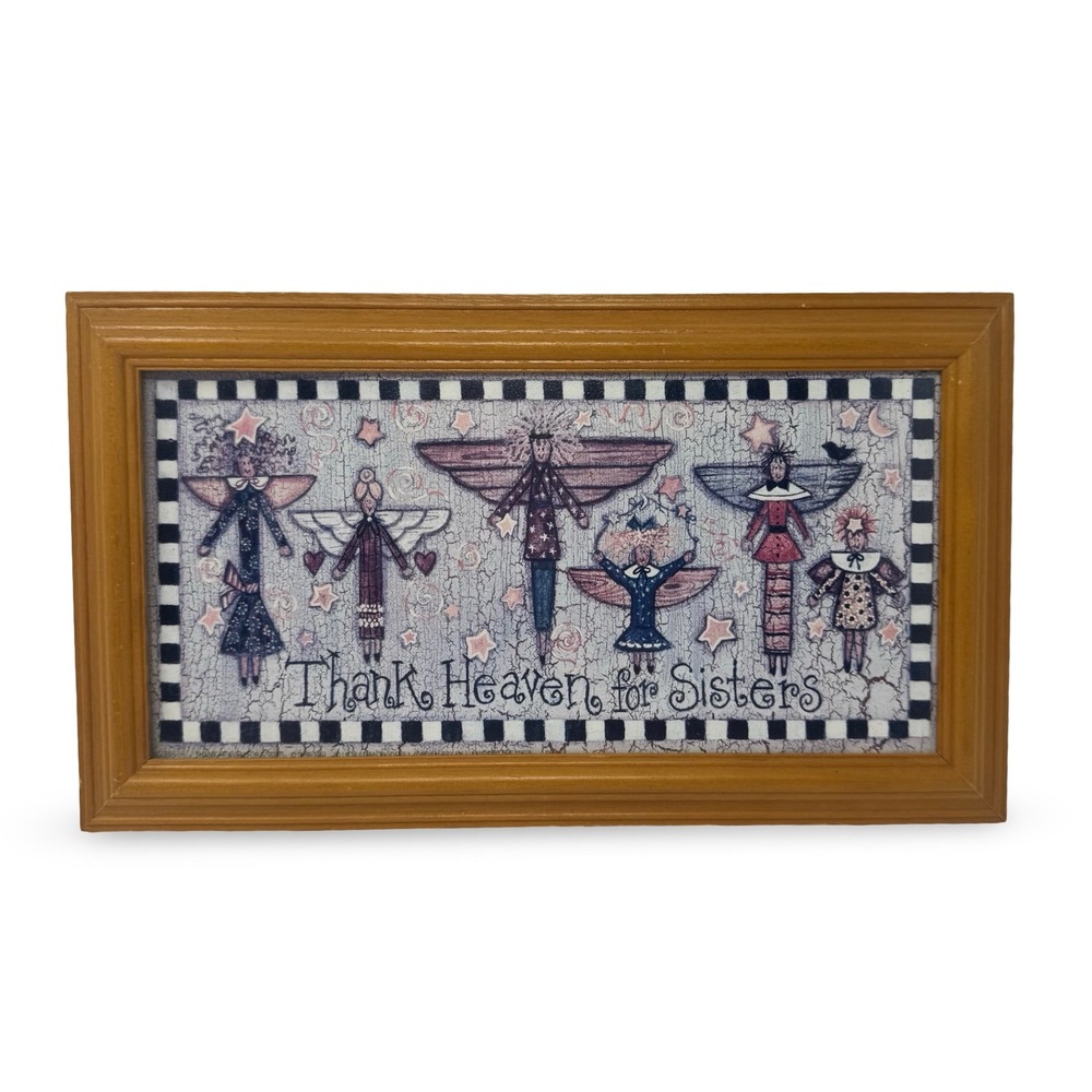 Vintage Folk Art Framed Print Thank Heaven for Sisters Wooden Frame Angel Sign